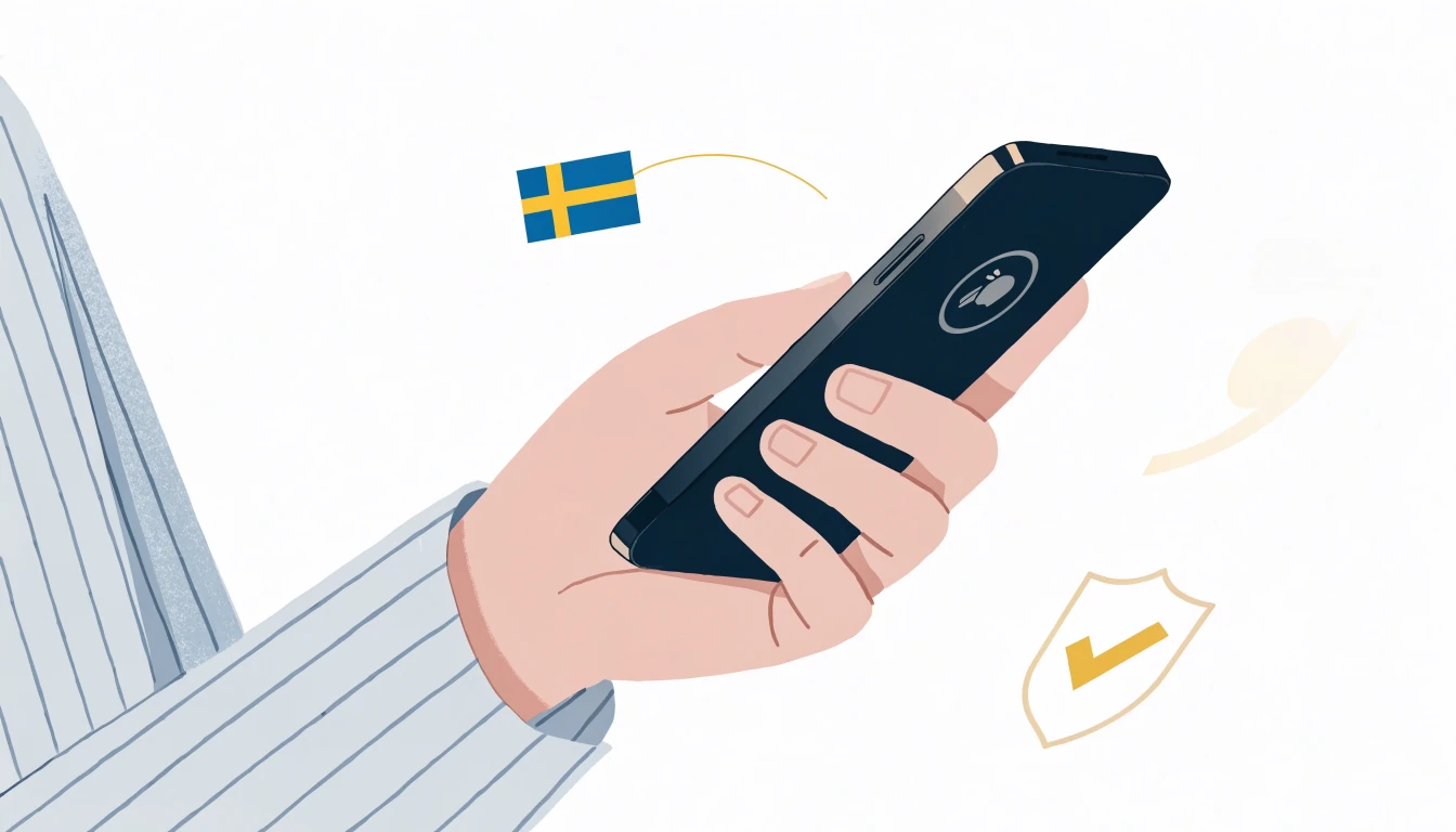 Illustrationsvy av telefon med Apple Pay, svensk licenssköld och spelkortssymboler
