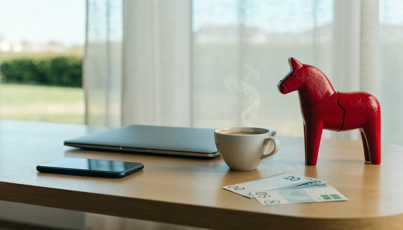 Skandinaviskt skrivbord med stängd laptop, telefon och svenska kronor