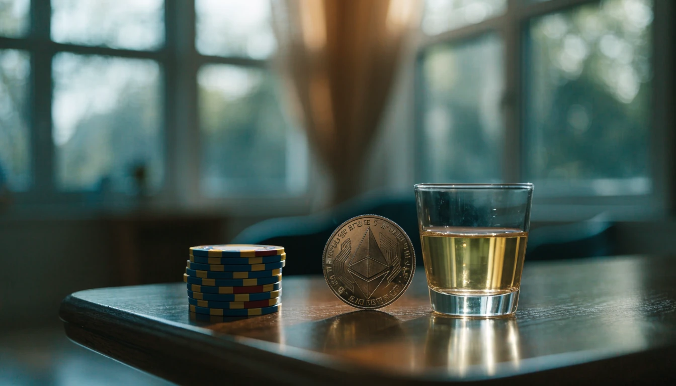 Casino chips och Ethereum-tokens på ett svenskt bord