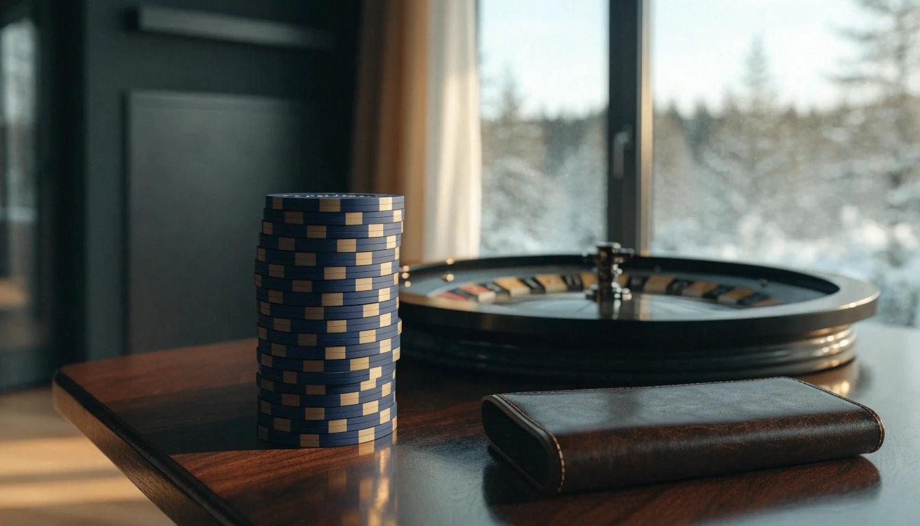 Casinochips och roulettehjul i modernt skandinaviskt hem