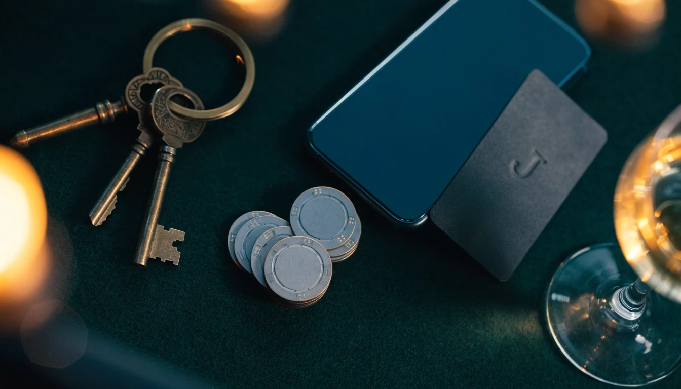 Jeton-casinochips och en modern telefon på mörk filtyta i svensk stil