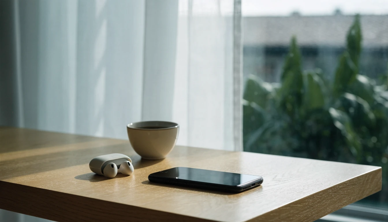 Smarttelefon med skärmen nedåt på ett skandinaviskt träbord, modern betalningskänsla