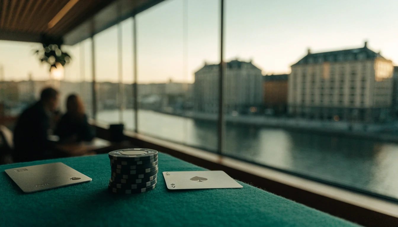 Bankkort och casinofigurer på filtyta mot utsikt över Stockholm i skymning.