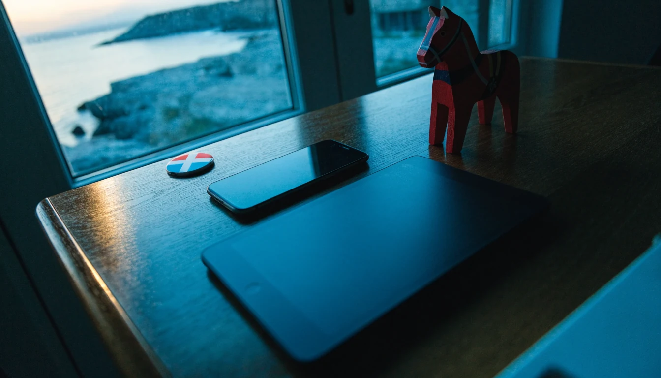 Mobila enheter på skrivbord med svenska och maltesiska symboler