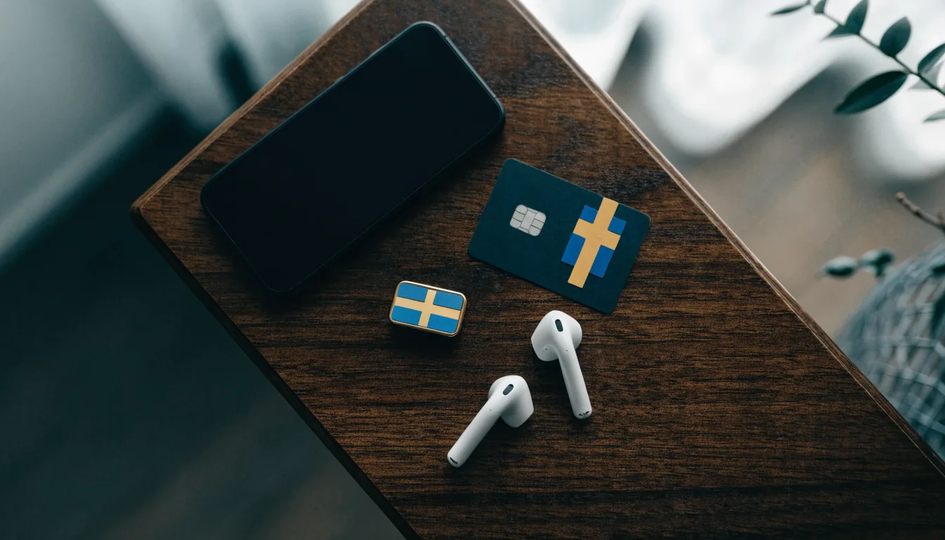 Smartphone, betalkort och svensk flagga på skrivbord