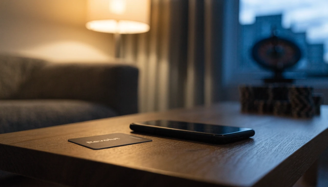 Revolut-kort och casinospel på soffbord i modernt svenskt vardagsrum