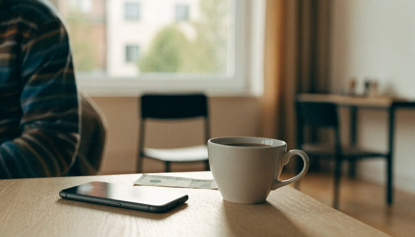 Smartphone och svenska kronor på ett träbord i en mysig lägenhet