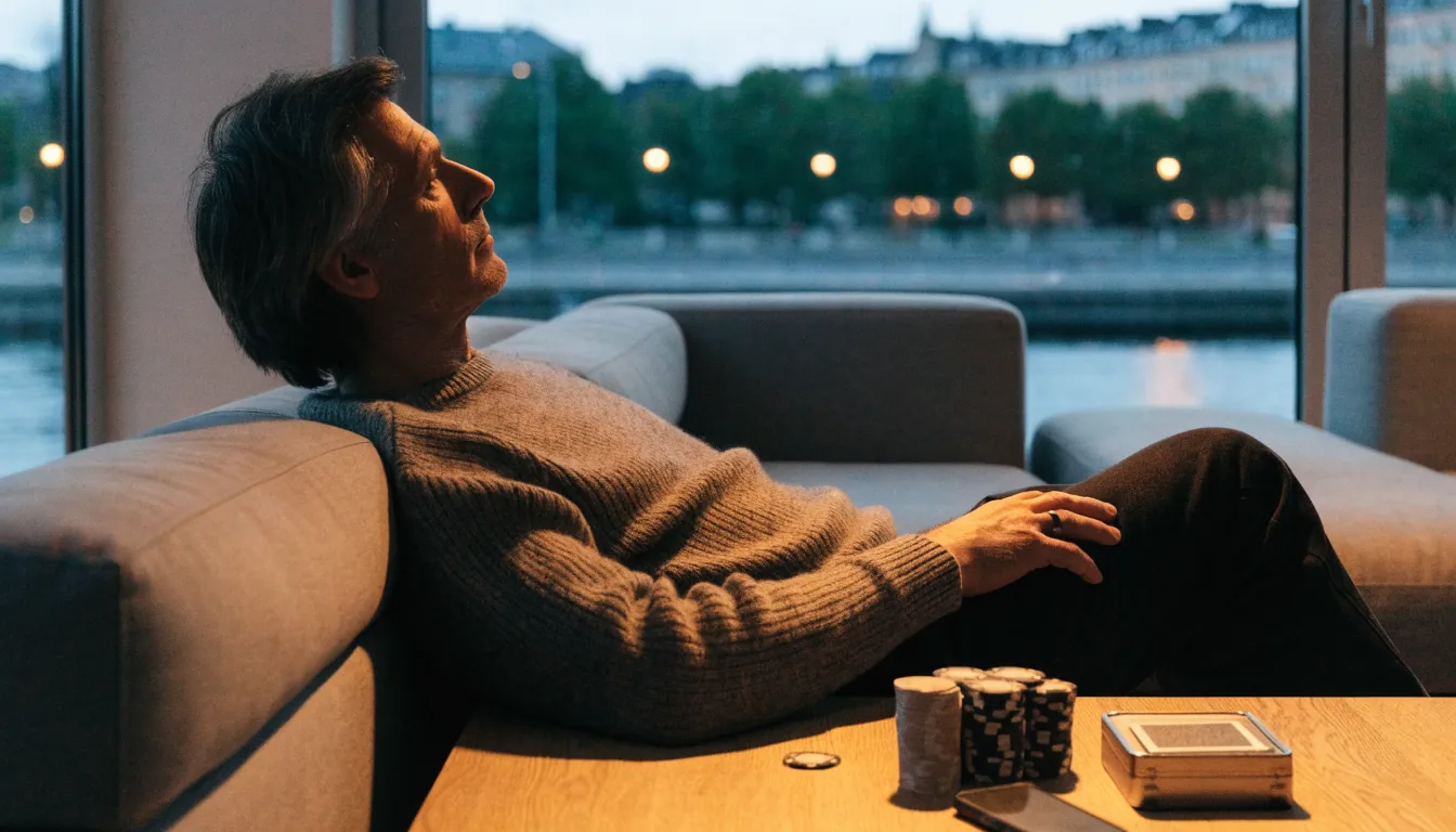 Avslappnad svensk man i modernt vardagsrum med casinotillbehör och Stockholmsutsikt