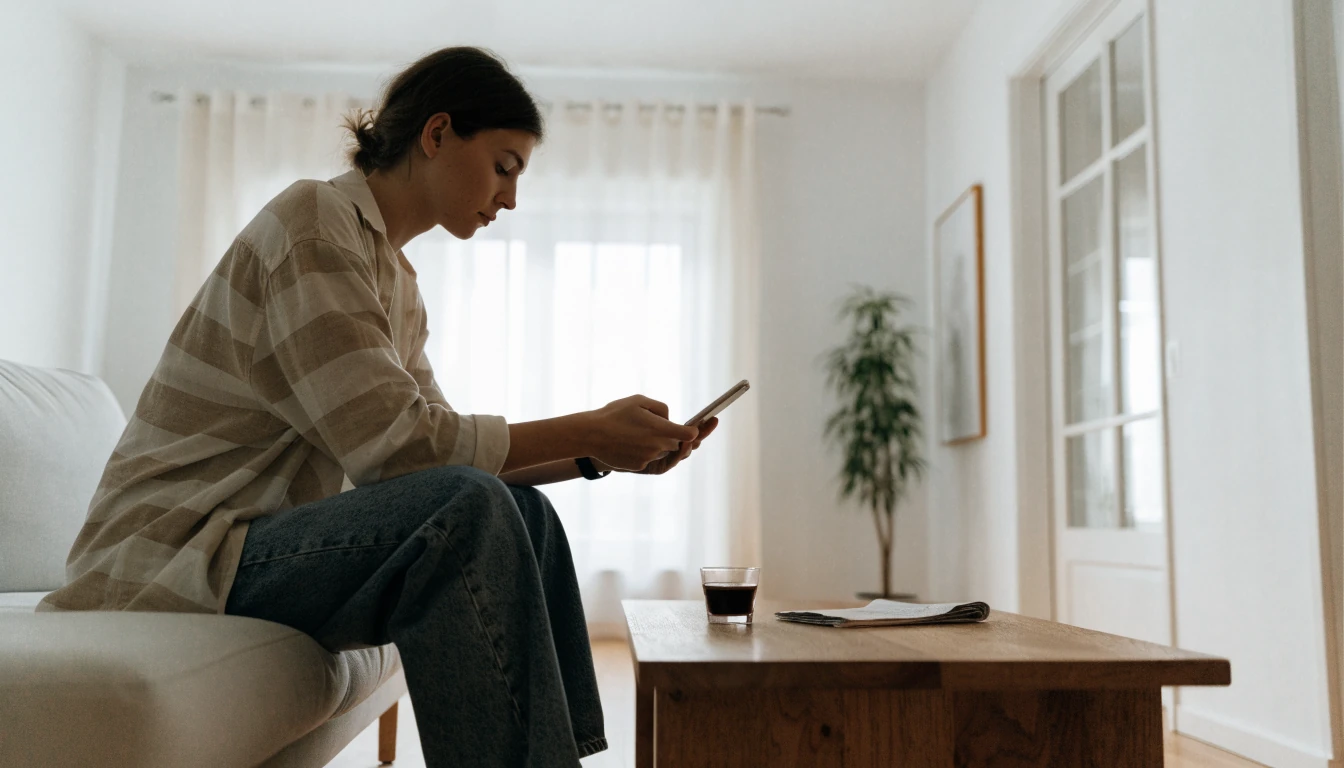 Svensk person med smartphone och kaffe i modern lägenhet