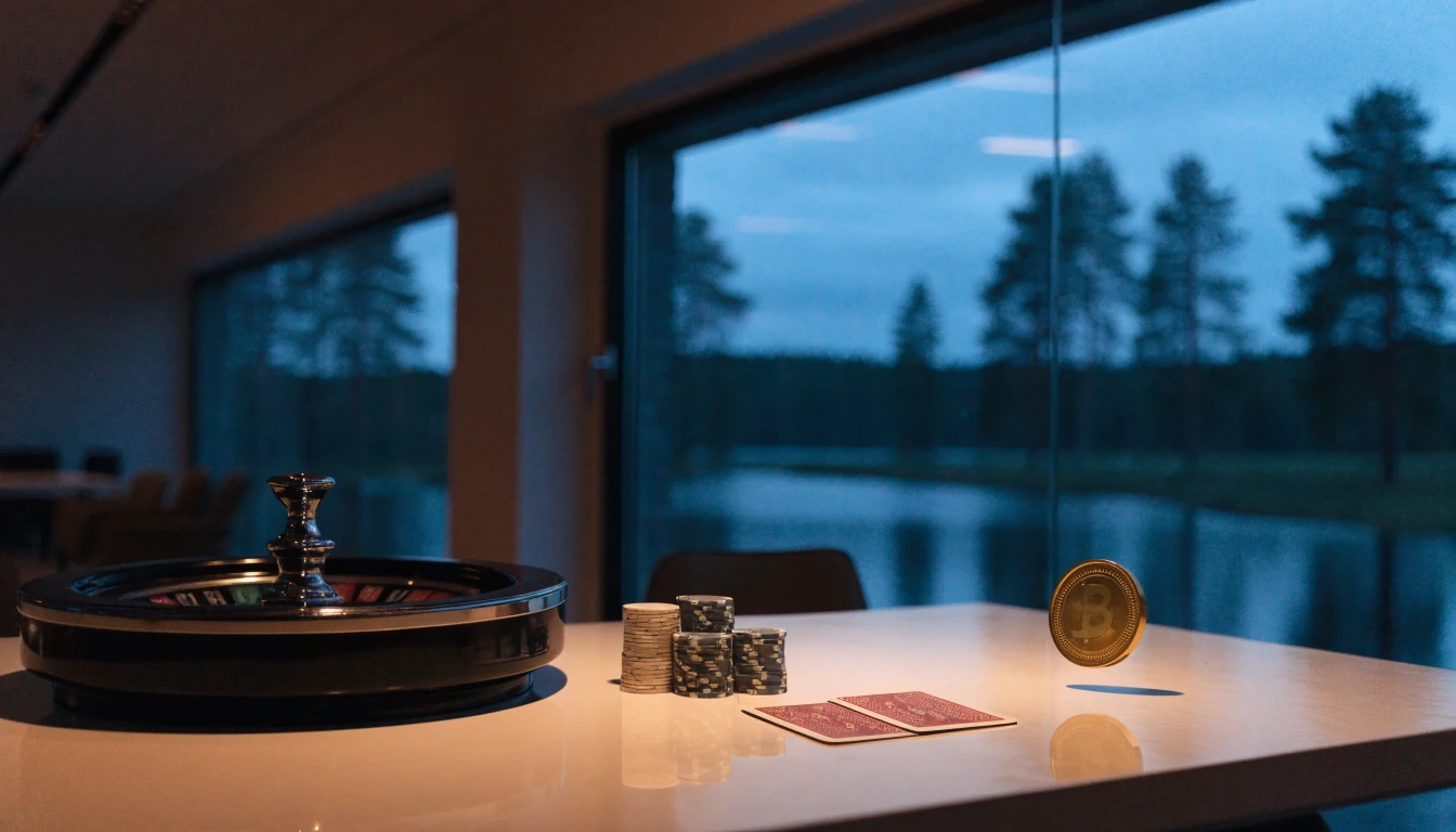 Skandinavisk casinomiljö med roulettebord, marker och kryptovaluta