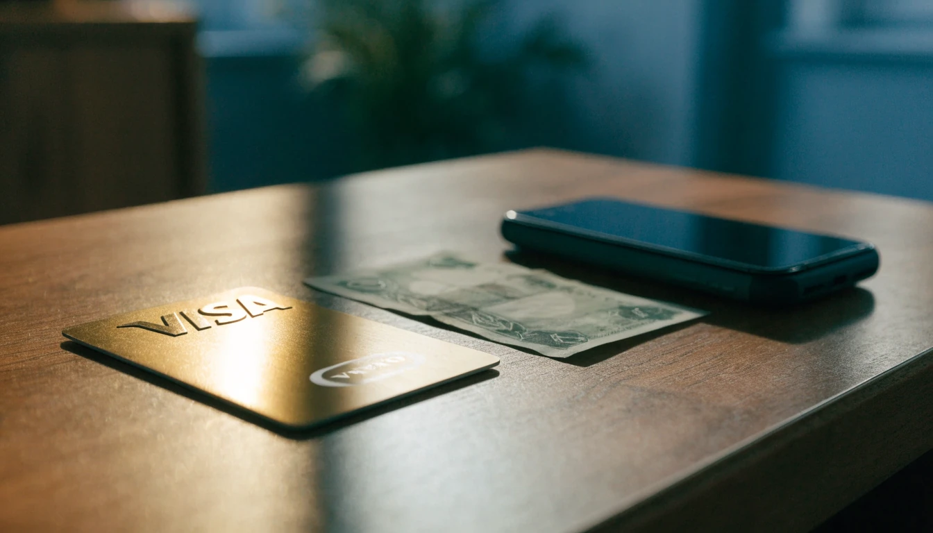 Visa-kort och svensk kronorsedel på ett träbord med en smartphone