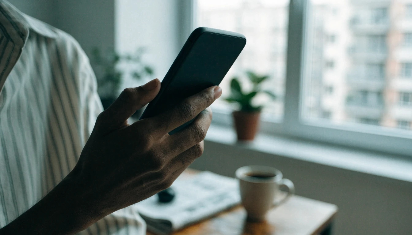 Hand som håller en Android-mobil i en ljus svensk lägenhet