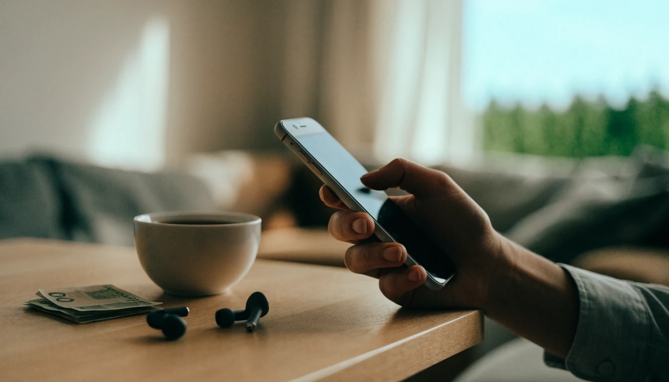 Hand håller en iPhone vid ett träbord med kaffe och svenska sedlar