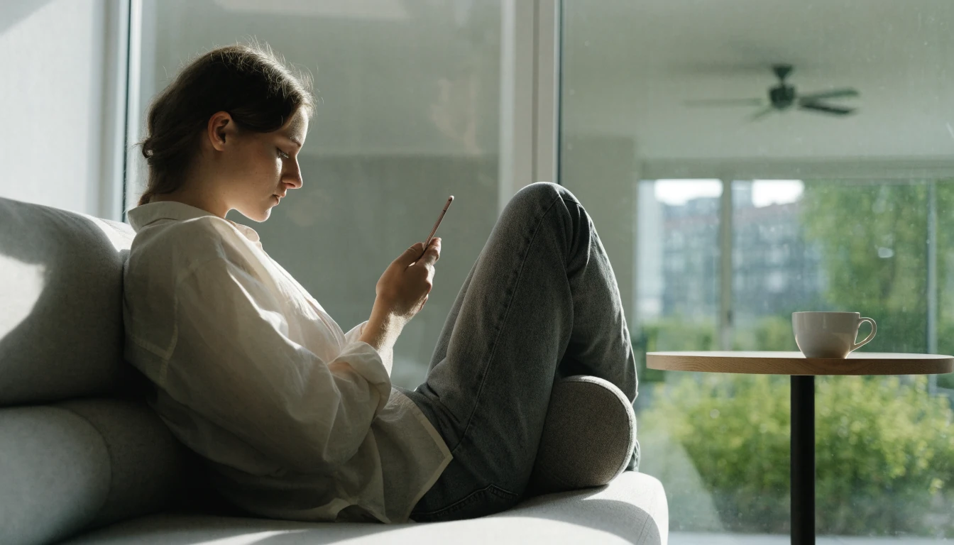 Svensk person kopplar av hemma med mobiltelefon i modern vardagsrum
