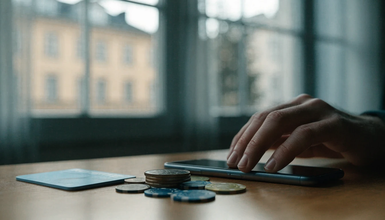 Hand, telefon och svenska kronor nära ett bankkort