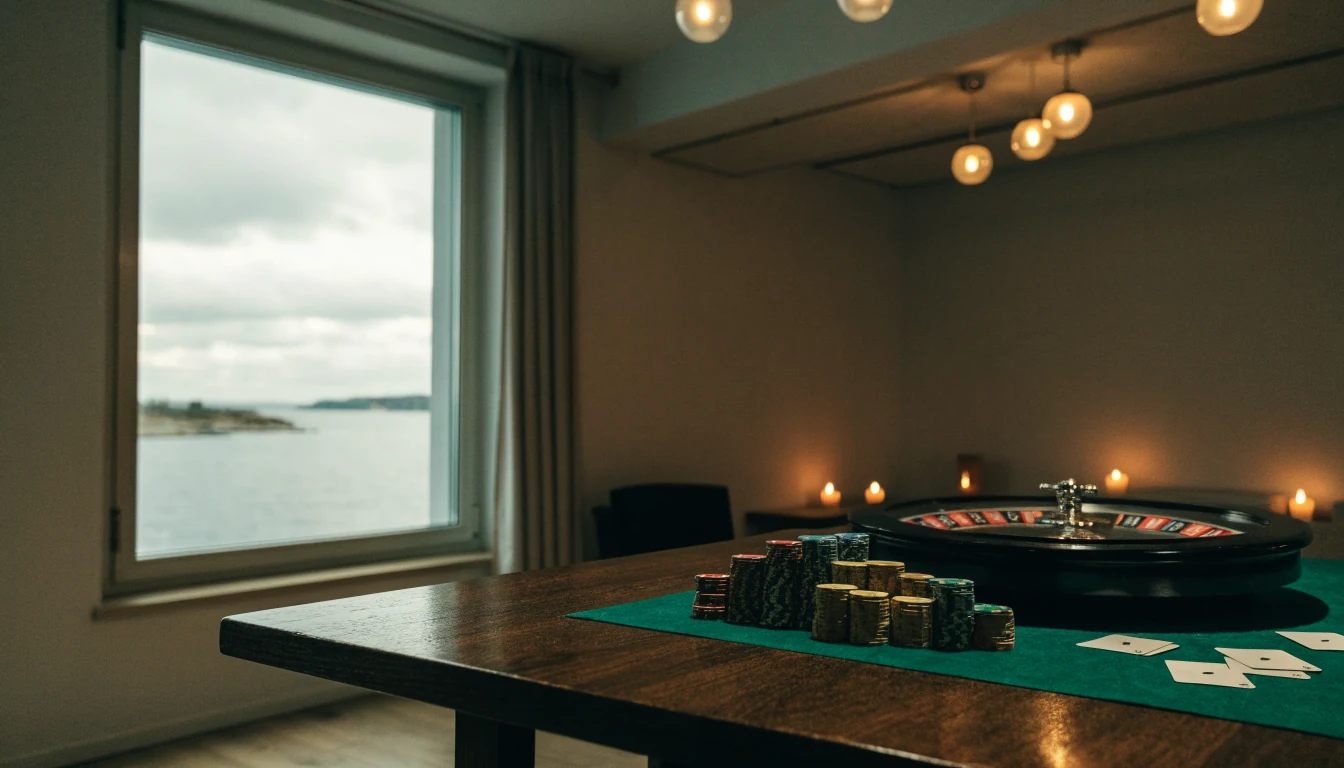 Nordiskt vardagsrum med roulette, marker och spelkort vid fönster mot svensk skärgård