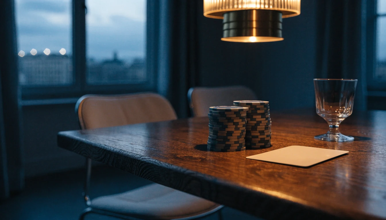 Casinomiljö med marker och spelkort i en stilren svensk inredning med varm belysning