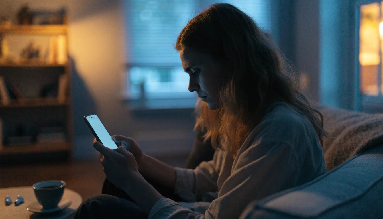 Svensk person i mysig vardagsrum spelar på mobilen hemma