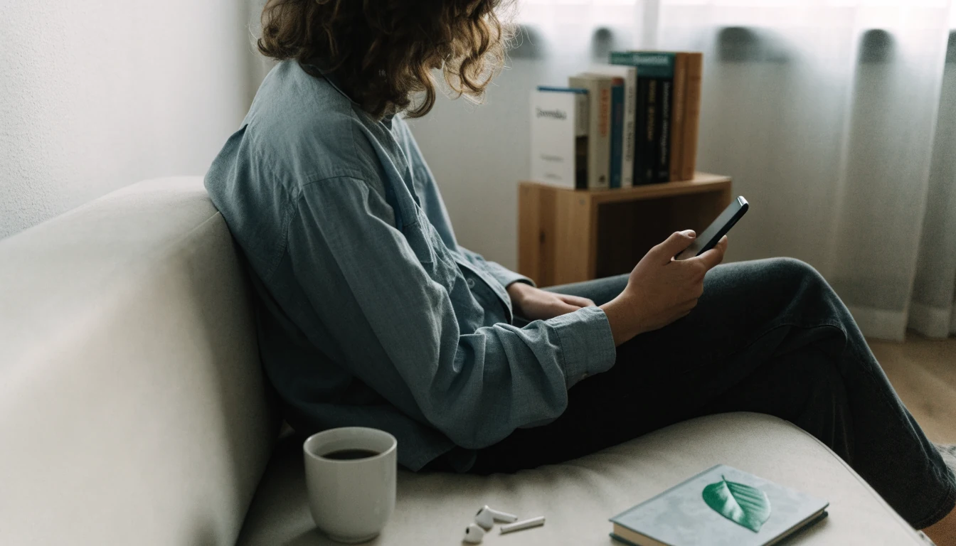 Person i soffa med mobiltelefon och kaffe i modern svensk lägenhet.