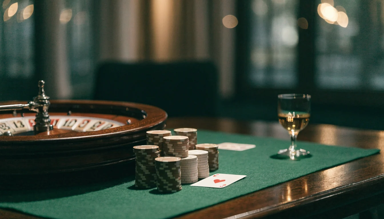 Roulettehjul och casinomarker på elegant bord i skandinavisk lounge