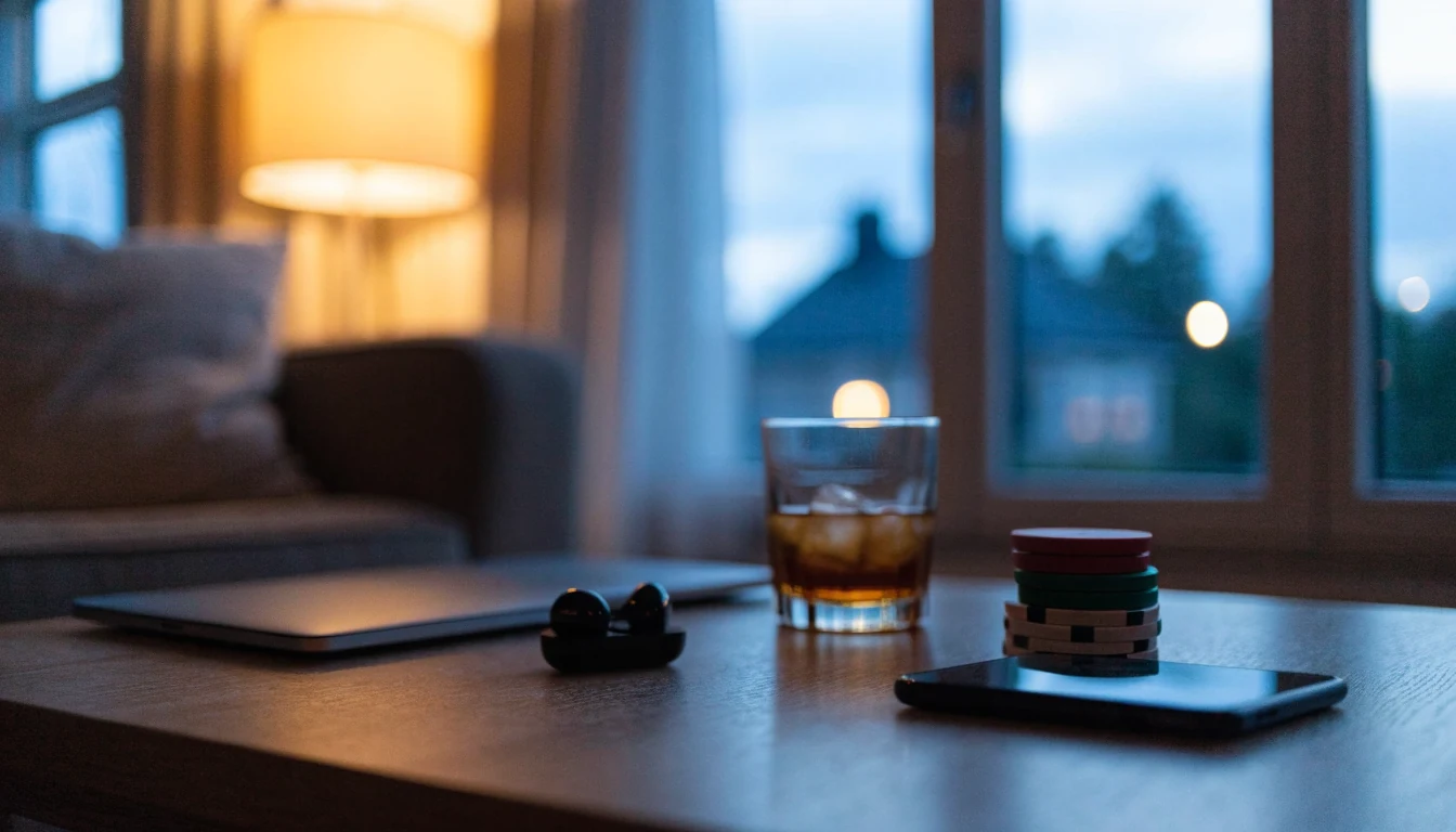 Svenskt hem med laptop, casinofigurer och whisky i skymningsljus