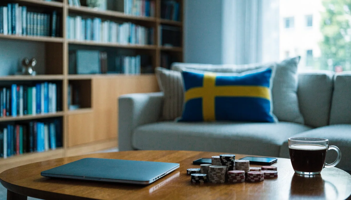 Svensk vardagsrum med casinotema: stängd laptop och marker på bordet