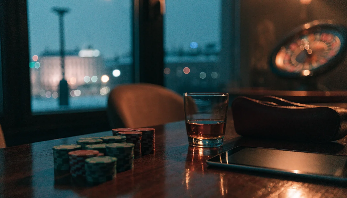 Casinobord med marker, roulette och ett nedvänt surfplatta i dämpad belysning